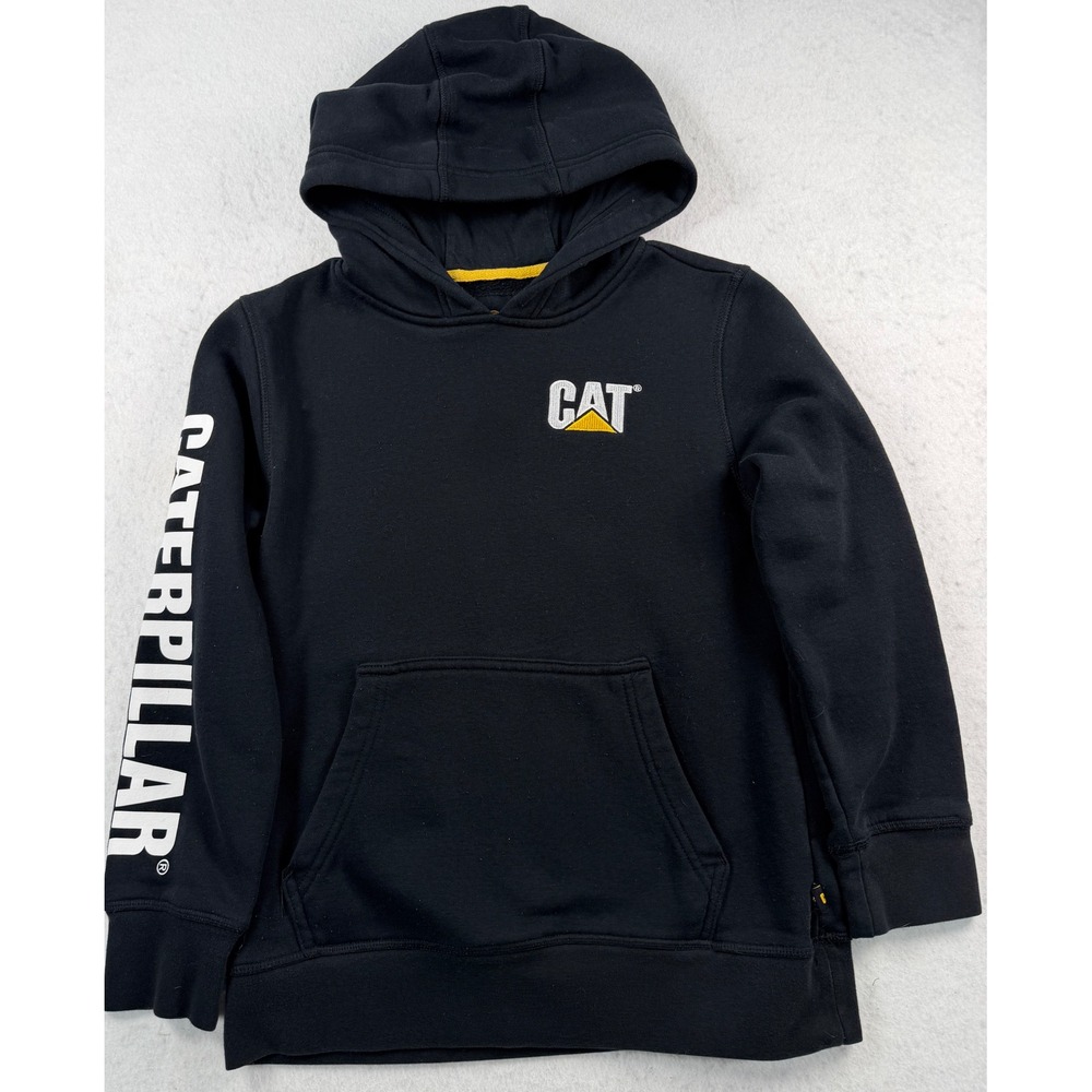 CAT Caterpillar Boys M 10/12 Black Logo Pullover Hoodie Construction Workwear